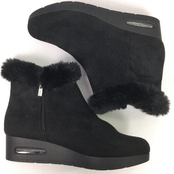 DKNY Faux Fur Trim Textile Upper Almond Toe Side Zip Black Wedge Ankle Bootie 11 - Picture 7 of 13